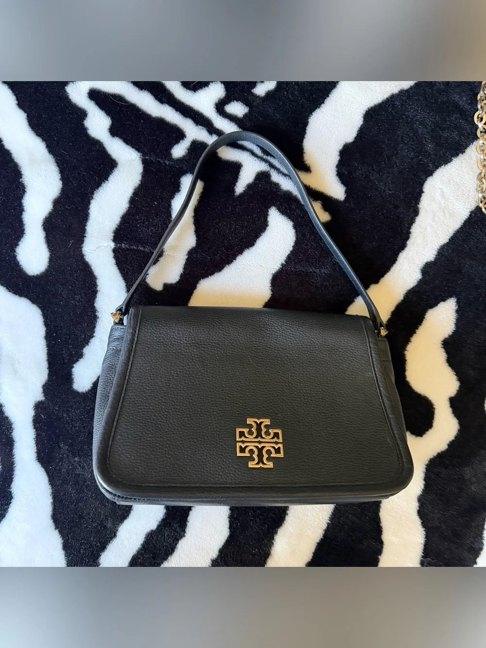 TORY BURCH Britten Black Pebbled Leather Shoulder Bag